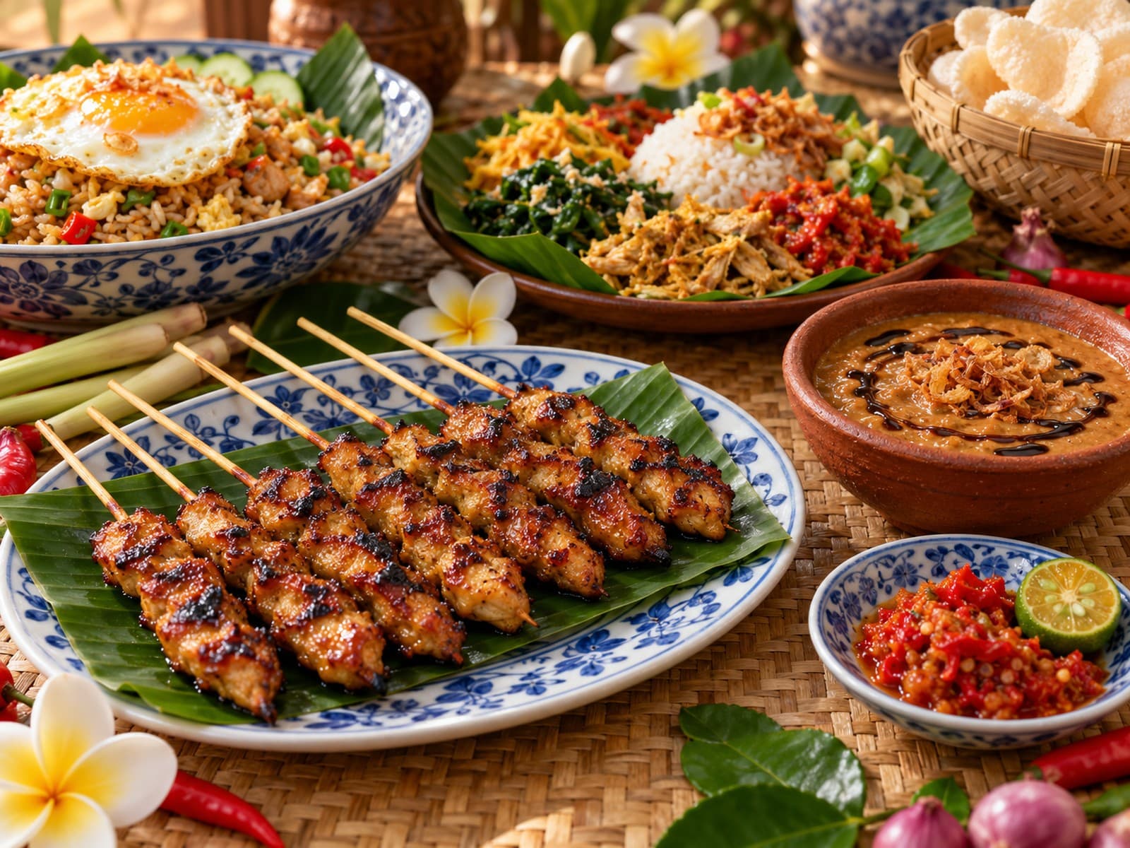 Satay-Spieße auf Bananenblatt mit Erdnusssauce und Sambal, dahinter Nasi Goreng