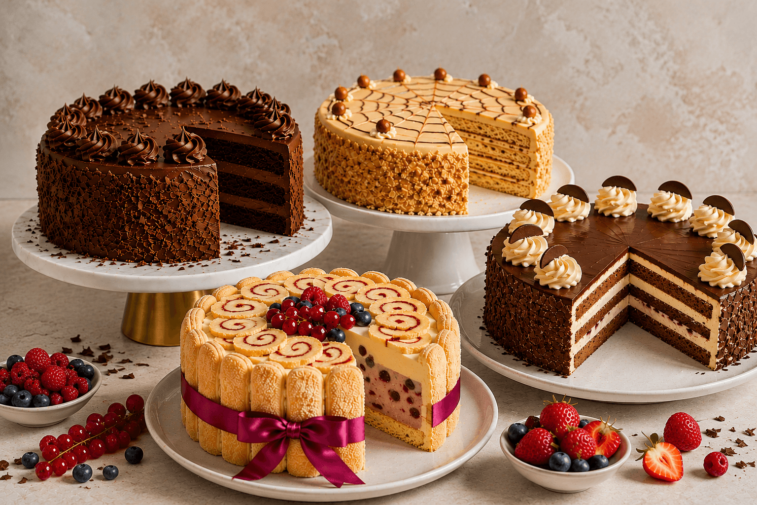 Vier festliche Torten mit Schokolade, Creme und Beeren auf Tortenständern